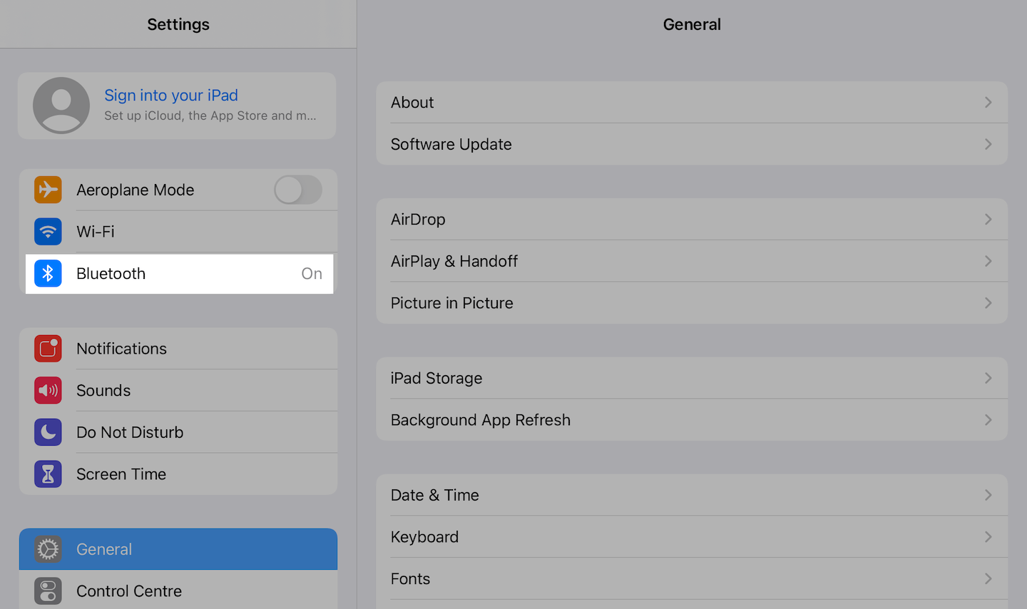 Settings
          page on the iPad, showing that Bluetooth is on.