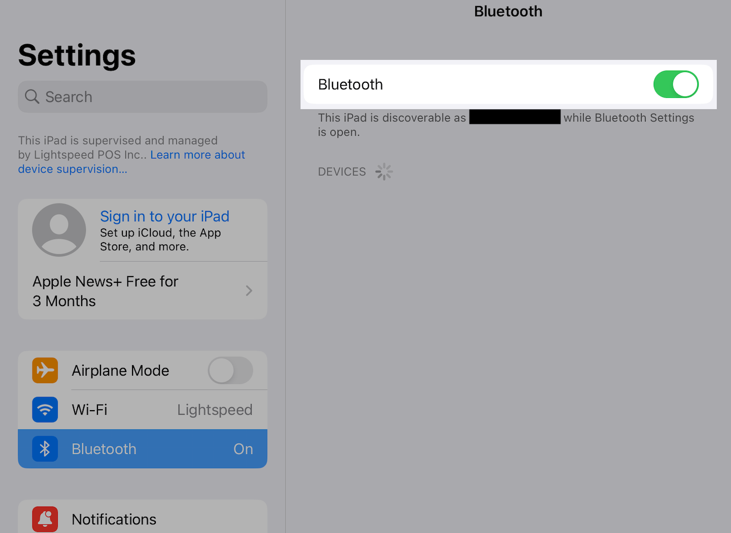 Bluetooth settings page on the iPad. The slider is green and emphasized.
