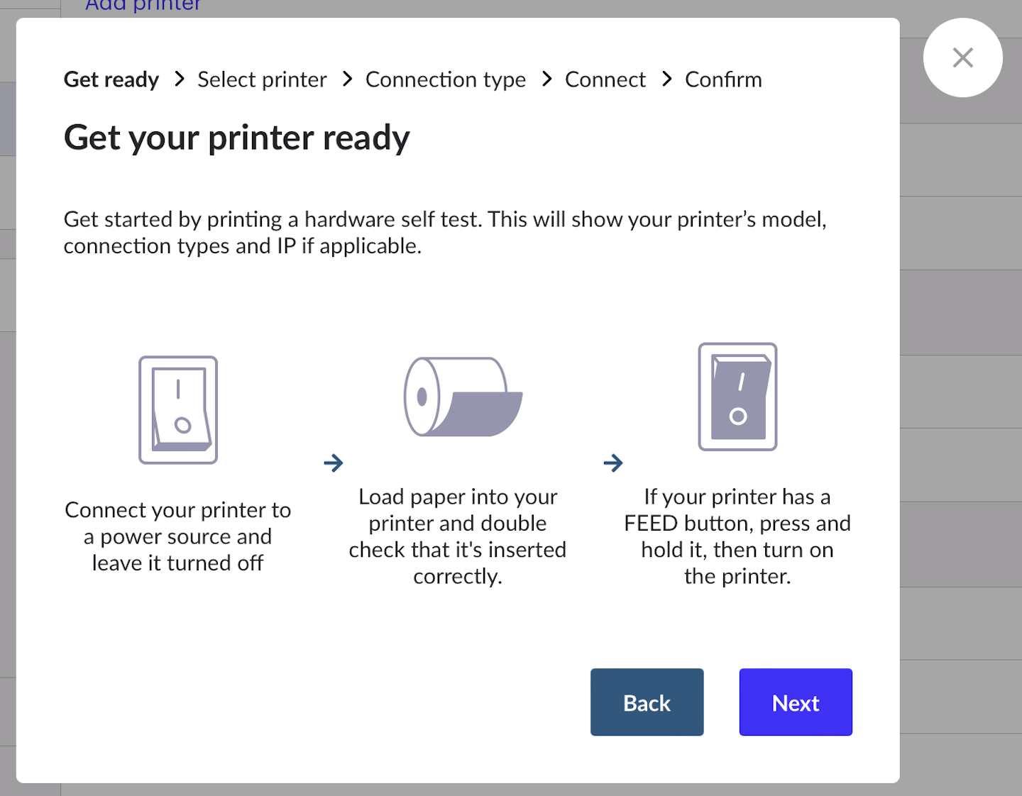 Fenêtre contextuelle affichant les étapes requises pour le test d'impression. 1. Connectez l'imprimante à une source d'alimentation et laissez-la éteinte. 2. Chargez du papier dans l'imprimante. 3. Si l'imprimante possède un bouton d'alimentation, appuyez dessus et maintenez-le enfoncé, puis allumez l'imprimante.
