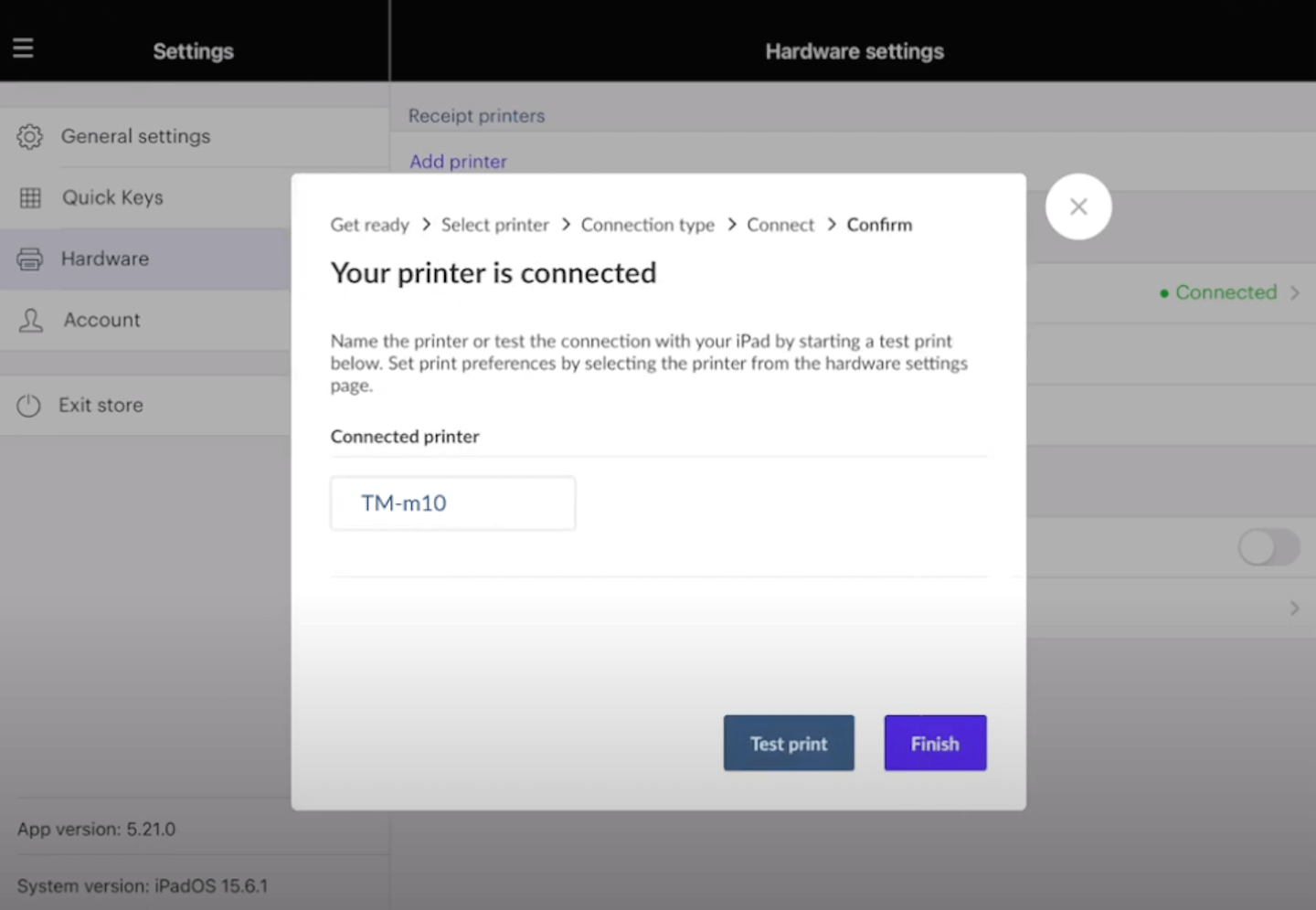 Pop-up confirming that the printer has been successfully connected.