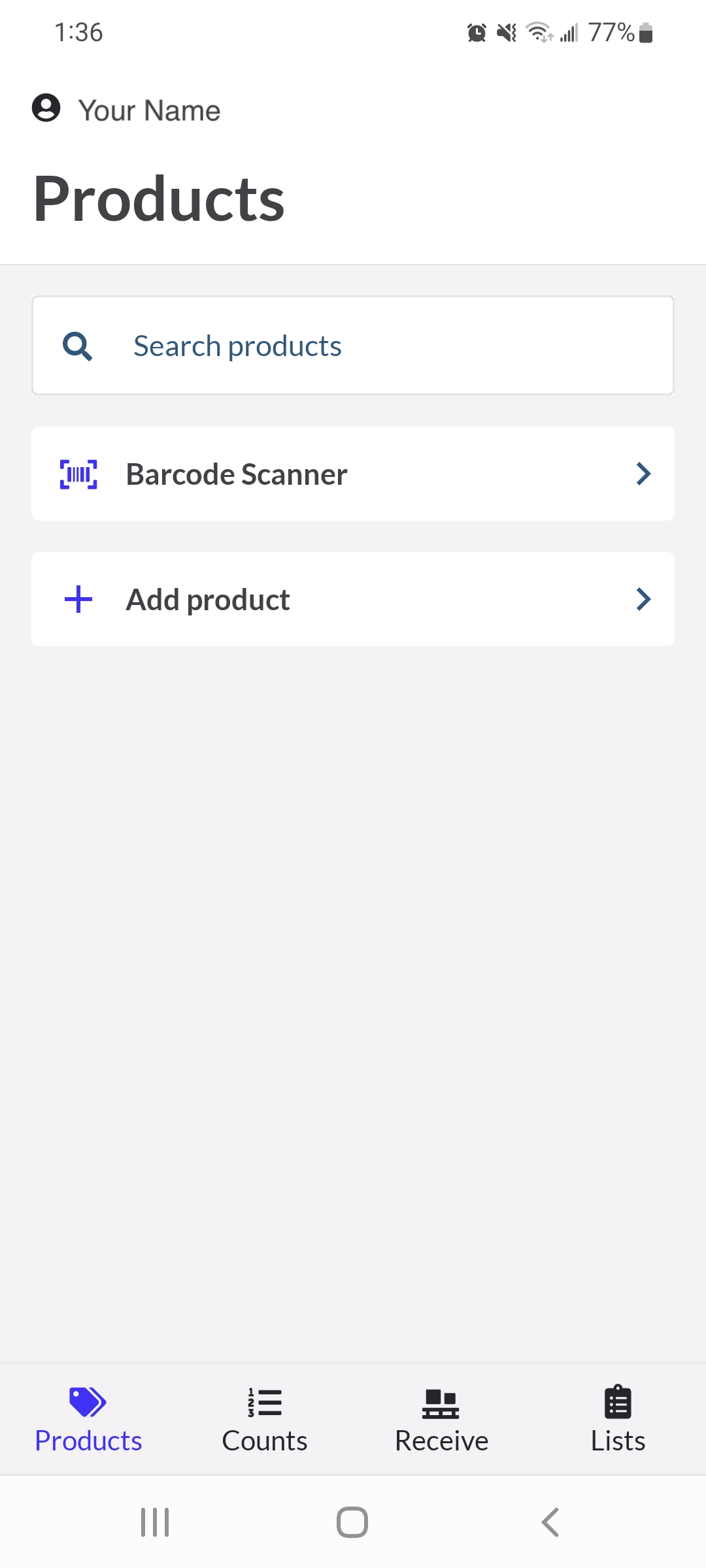 Products page showing the barcode scanner feature under the search bar.