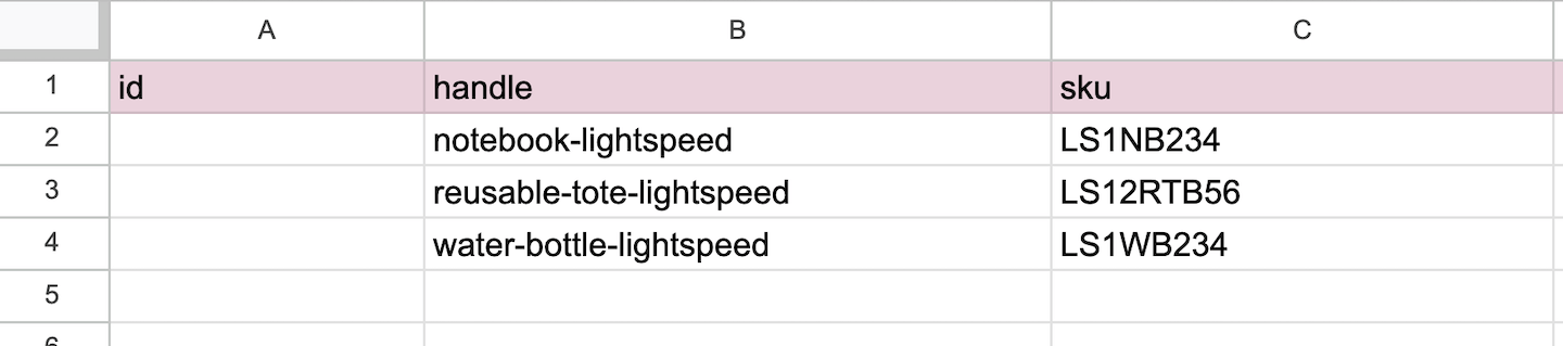 The Product Import spreadsheet showing the columns id, handle, and sku.