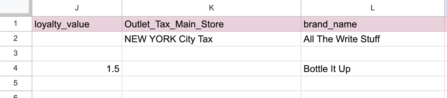 The Product Import spreadsheet showing the columns loyalty_value, outlet_tax, and brand_name.