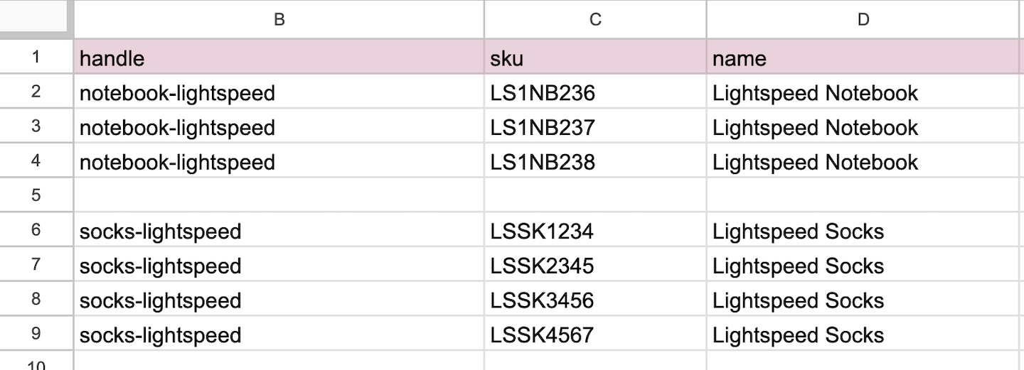 The Product Import spreadsheet showing the columns handle, sku, and name for variant products.