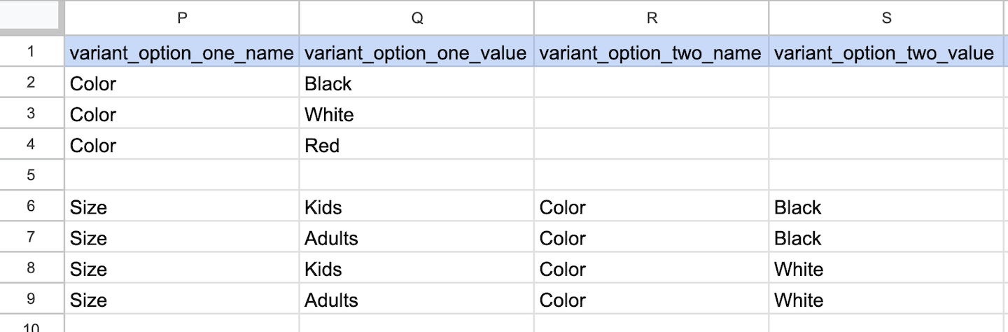 The Product Import spreadsheet showing the columns variant option one name, variant option one value, variant option two name, and variant option two value.
