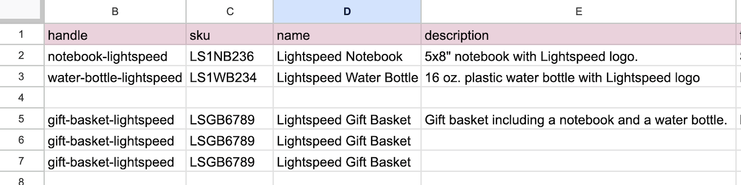 The Product Import spreadsheet showing the columns handle, sku, name, and description for a composite product.