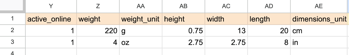 The Product Import spreadsheet showing the columns active online, weight, weight unit, height, width, length, and dimensions unit.