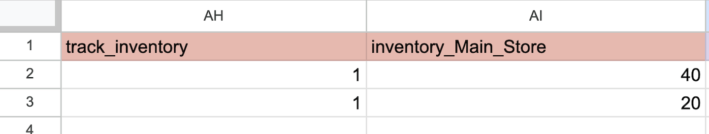 The Product Import spreadsheet showing the columns track inventory and inventory count for the main store.