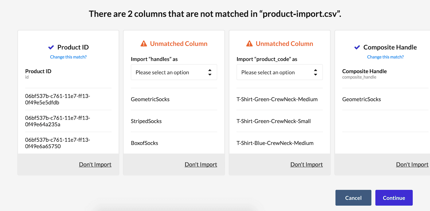Page showing that columns have not matched.