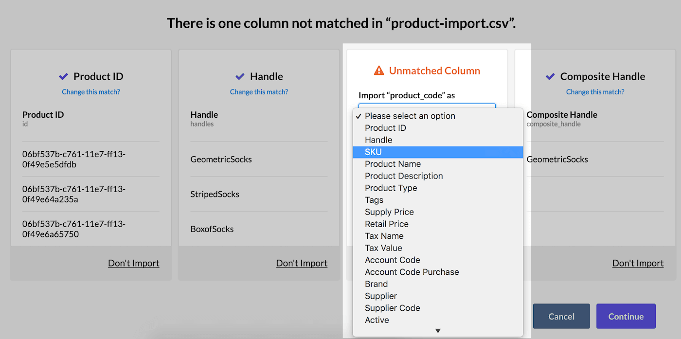 Please select an option drop-down showing available alternative matches for the column.