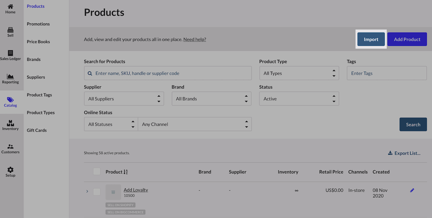 Products page with Import button emphasized.