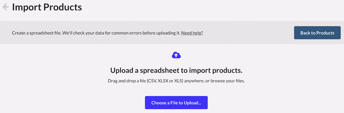 Page to upload product spreadsheet.