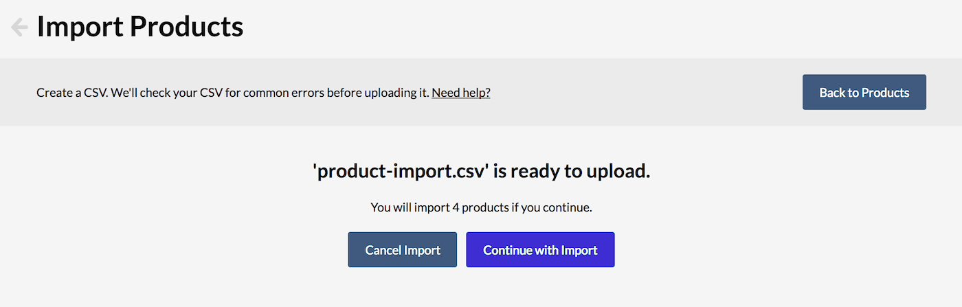 Page stating that products are ready for upload.