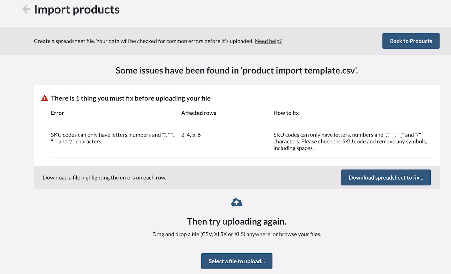 Error page stating that some SKUs contain inappropriate characters.